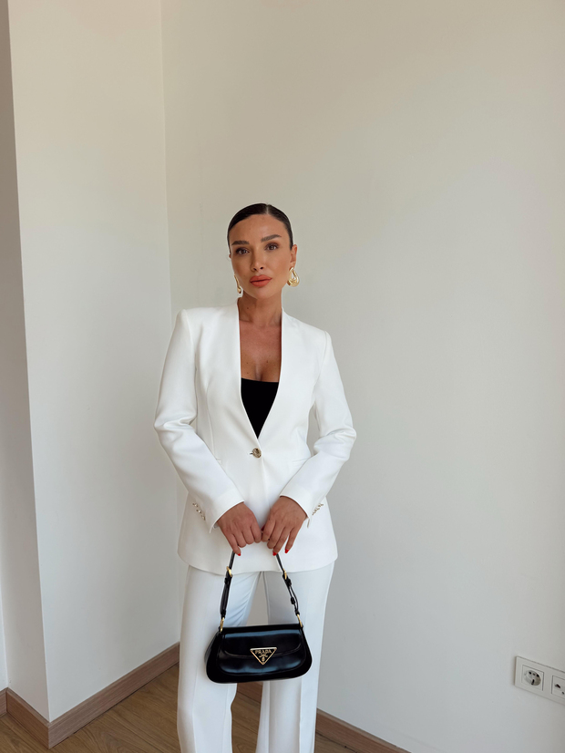 Yakasız Blazer Ceket Ekru