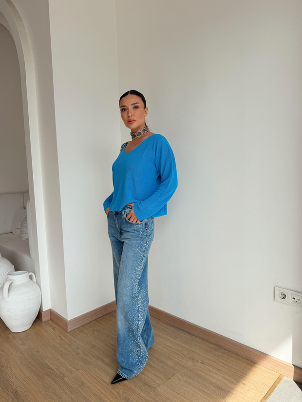 Yanları Taşlı Açık Mavi Jean