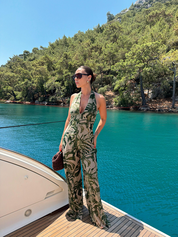 Yaprak Desenli Sırt Dekolteli Tulum Yeşil