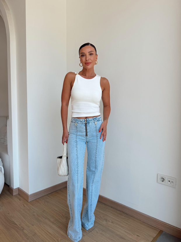 Yüksek Bel Normal Kesim Fermuarlı Jean 