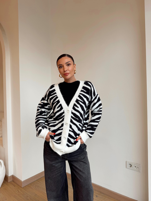 Zebra Desen Düğmeli Hırka