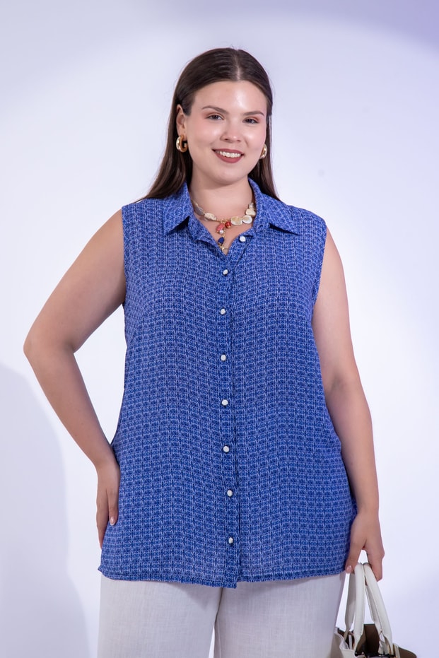 Büyük Beden 1110531 Desenli Kolsuz Bluz Saks