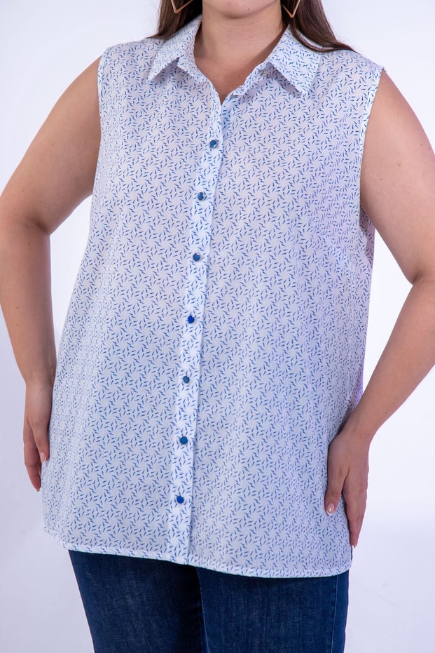 Büyük Beden 1110531 Desenli Kolsuz Bluz Mavi