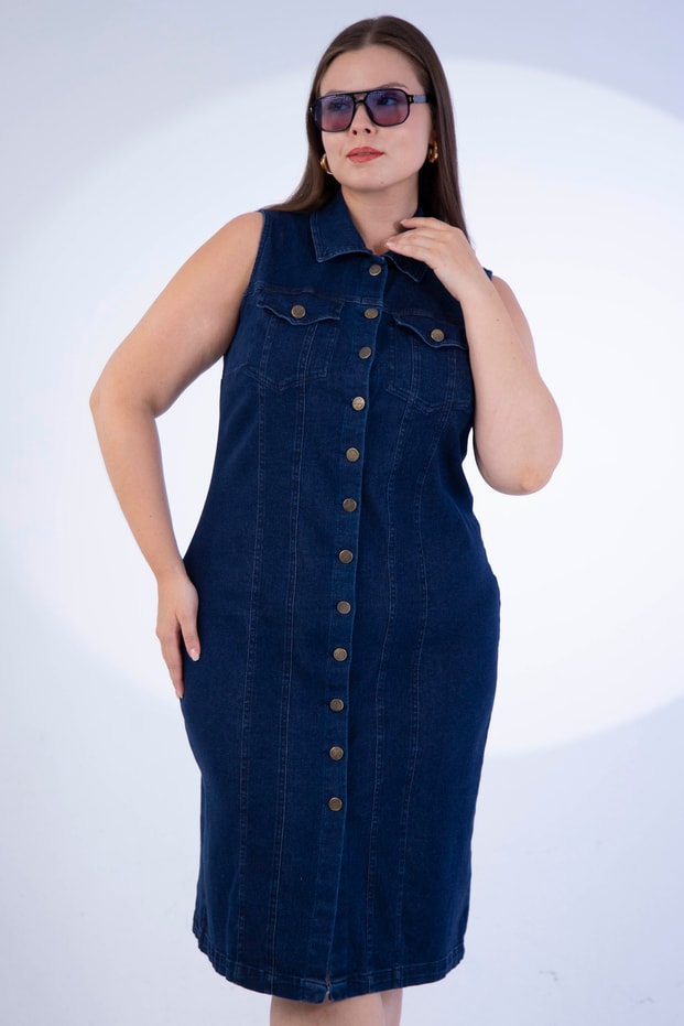 Büyük Beden 1113058 Kolsuz Düğmeli Denim Elbise  Lacivert