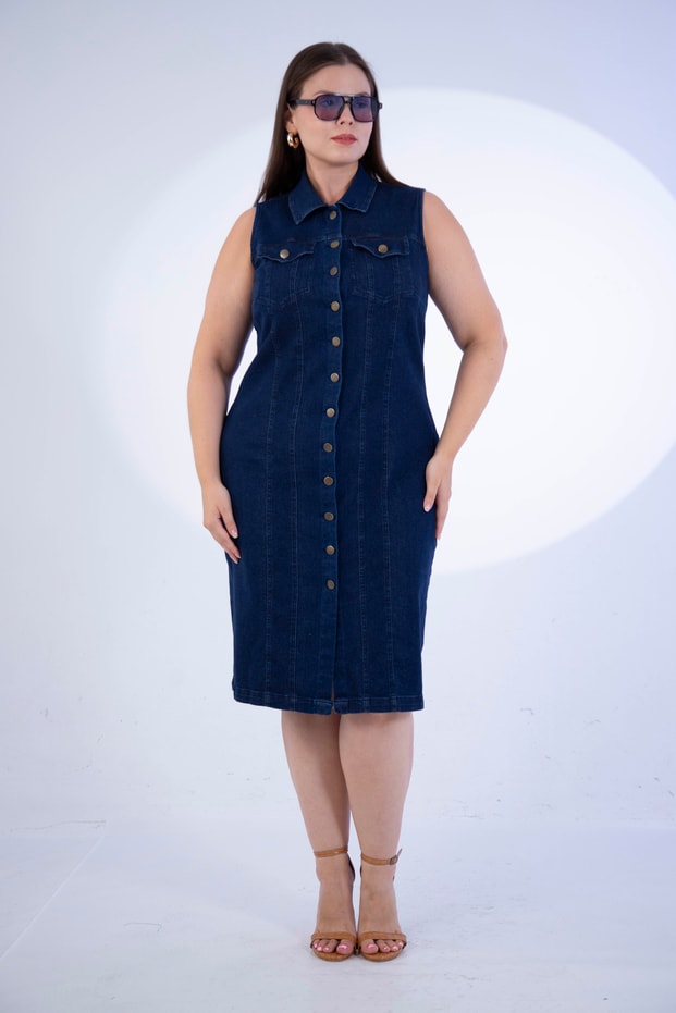 Büyük Beden 1113058 Kolsuz Düğmeli Denim Elbise  Lacivert