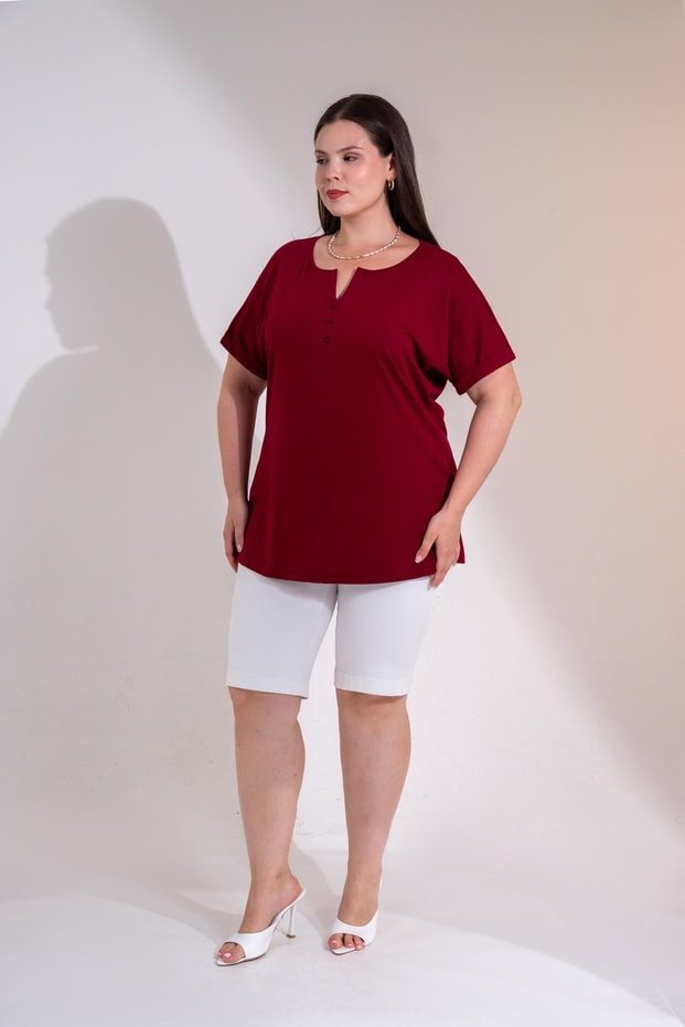 Büyük Beden 1113080 Yaka Düğme Detaylı Bluz  Bordo