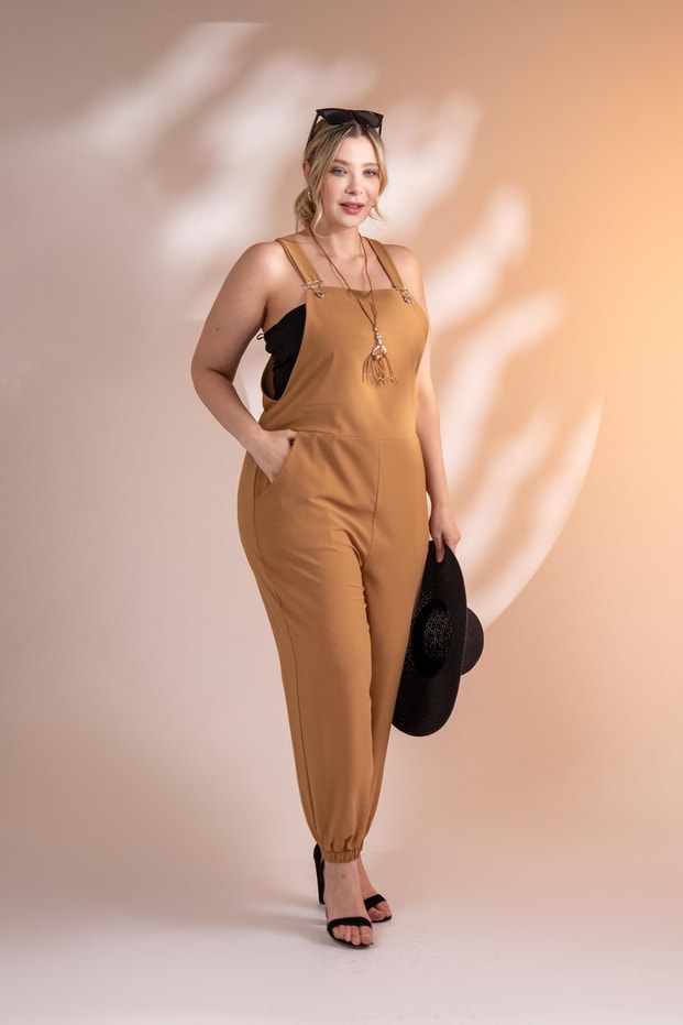 Büyük Beden 111981 Askılı Cepli Tulum  Camel
