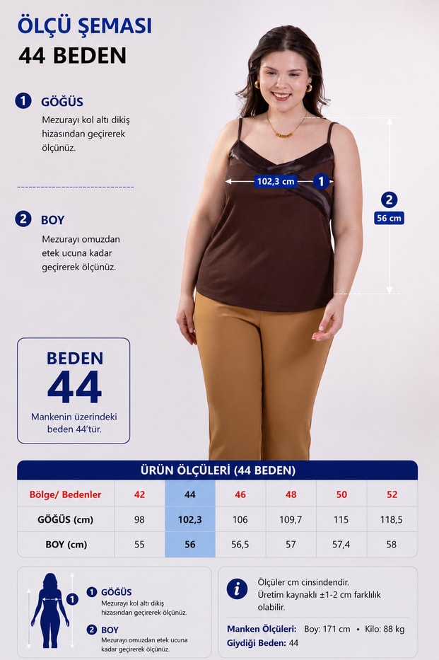 Büyük Beden 1122635 Saten Yaka İp Askılı Bluz Kahverengi