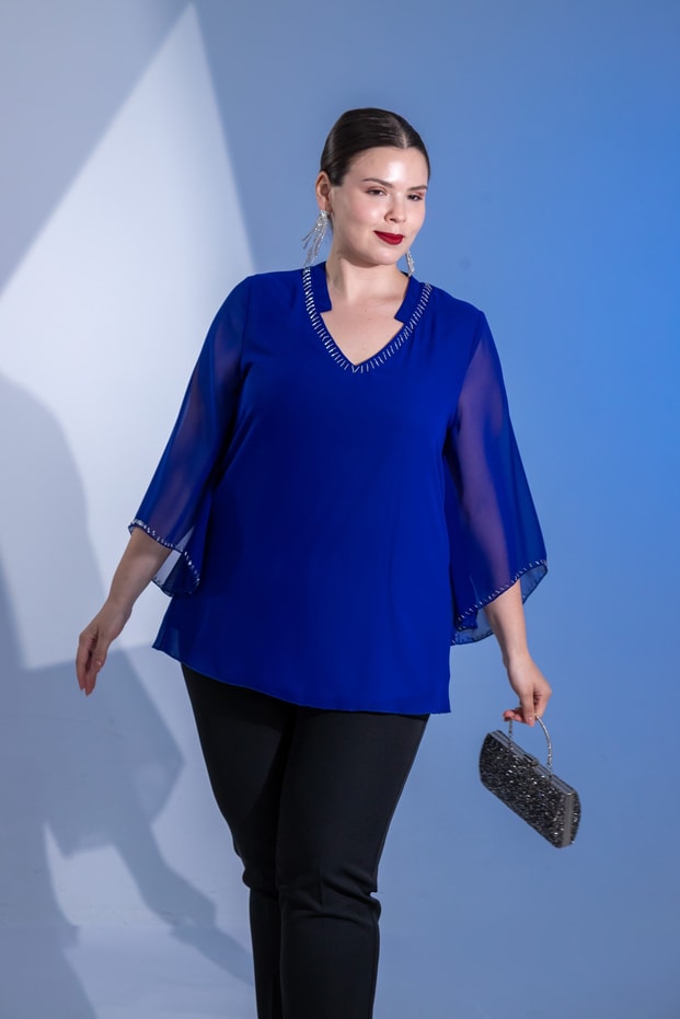 Büyük Beden 1122646 Boncuk İşlemeli Şifon Bluz Saks