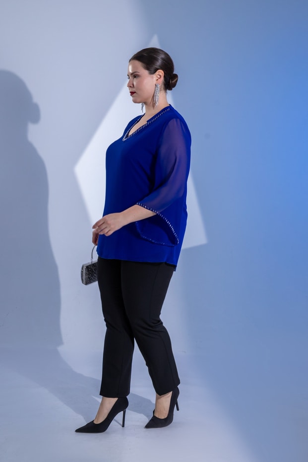 Büyük Beden 1122646 Boncuk İşlemeli Şifon Bluz Saks
