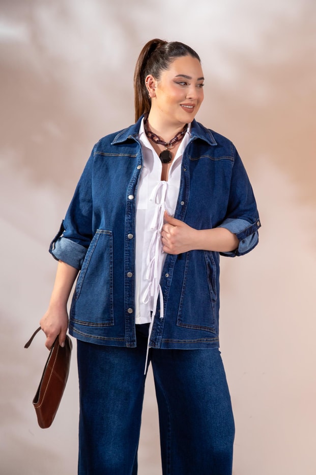 Büyük Beden 1212024 Çıt Çıtlı Denim Ceket Lacivert