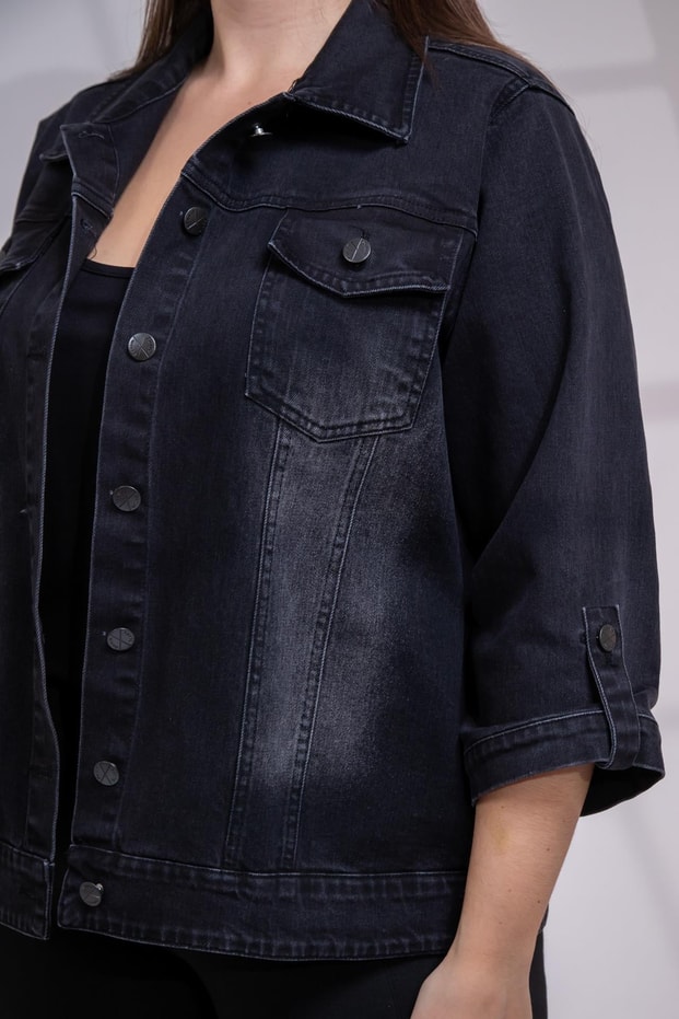Büyük Beden 1212083 Ceplİ-Apoletli Denim Ceket Siyah