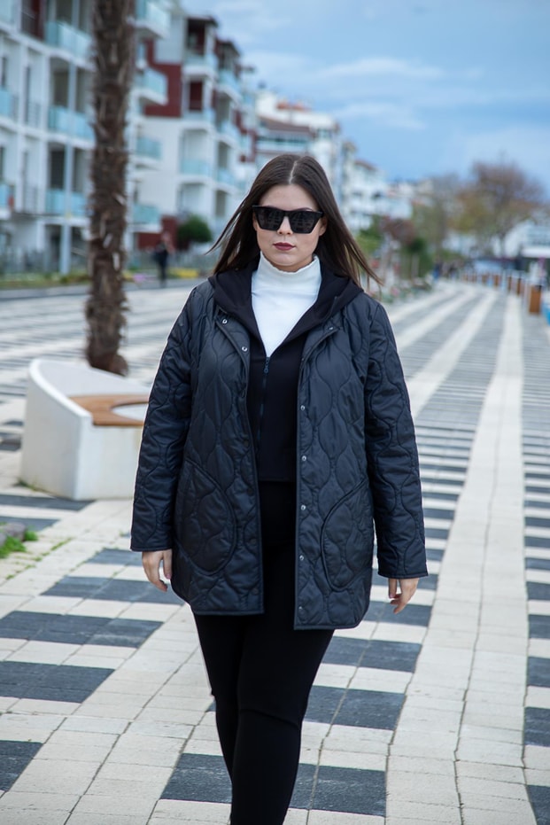 Büyük Beden 12224167 Cepli Kapitone Mont Siyah
