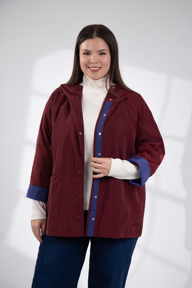 Büyük Beden 1222649 Çıt Çıtlı Yağmurluk Bordo