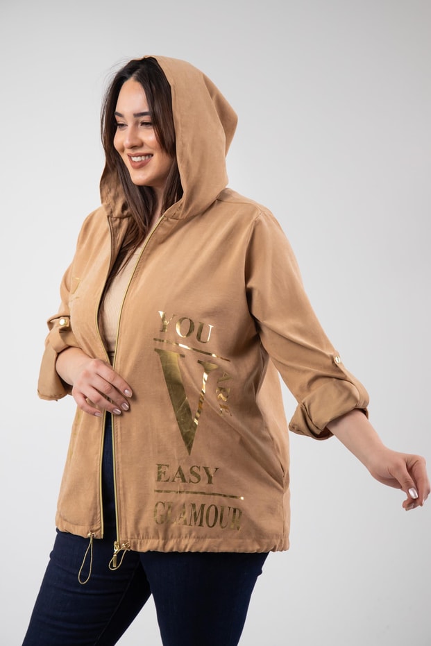 Büyük Beden 3330358 Varak Baskılı Rüzgarlık Camel