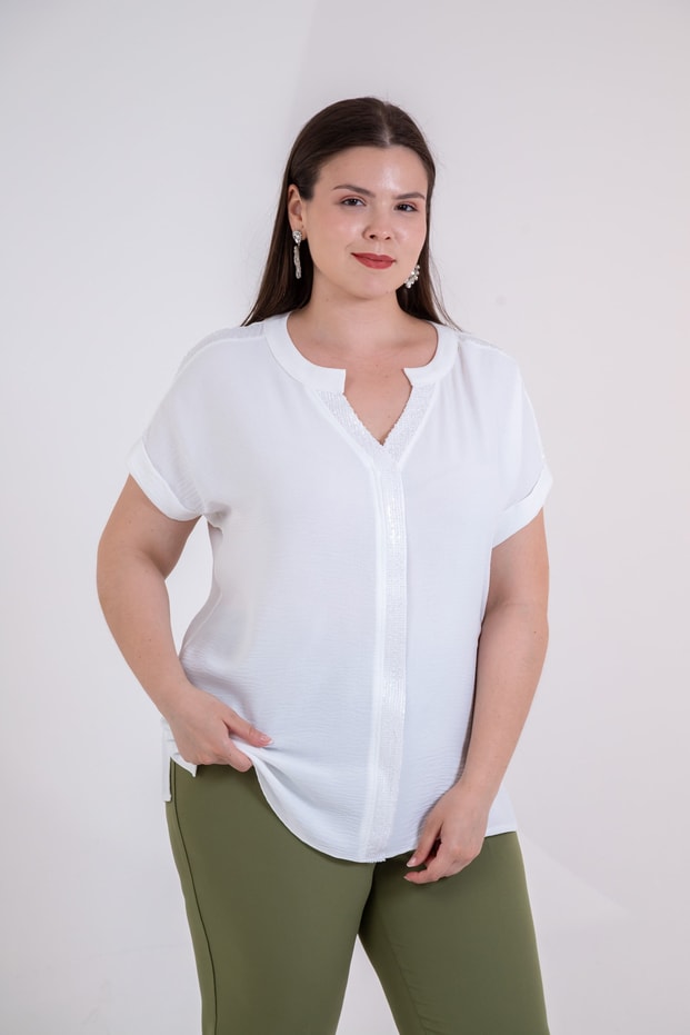 Büyük Beden 3330995 Pul Payet Garnili Bluz Beyaz