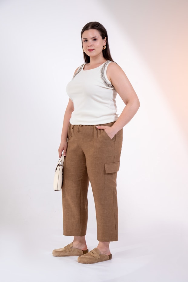 Büyük Beden 3331049 Yan Cepli Bağcıklı Pantolon Camel