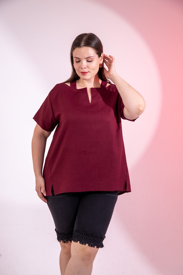 Büyük Beden 3331109 Yaka Askı Detaylı Bluz  Bordo