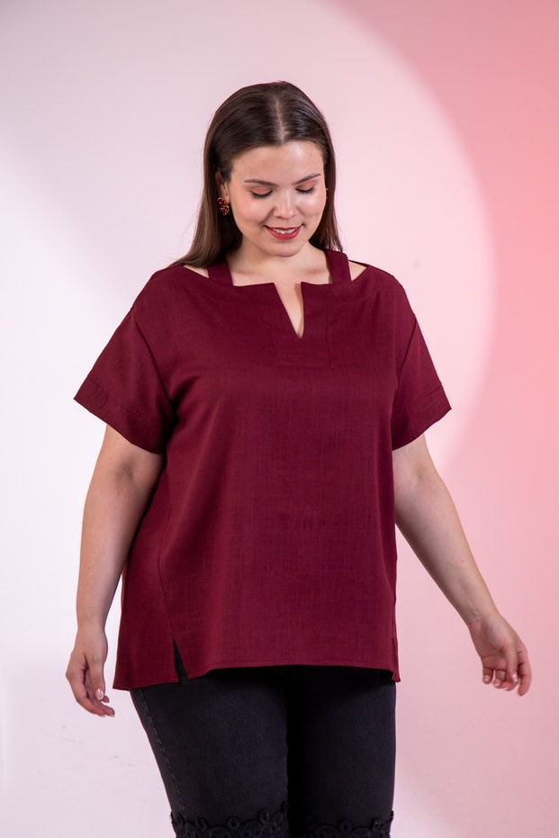 Büyük Beden 3331109 Yaka Askı Detaylı Bluz  Bordo