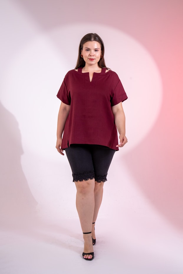 Büyük Beden 3331109 Yaka Askı Detaylı Bluz  Bordo