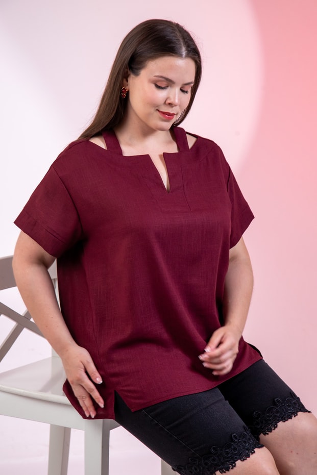 Büyük Beden 3331109 Yaka Askı Detaylı Bluz  Bordo