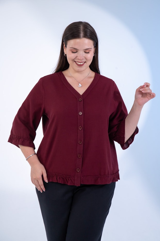 Büyük Beden 3331113 Düğmeli Fırfır Detaylı Gömlek Bordo