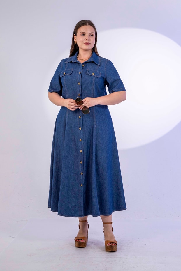 Büyük Beden 3331116 Gömlek Yaka Düğmeli Elbise  Lacivert