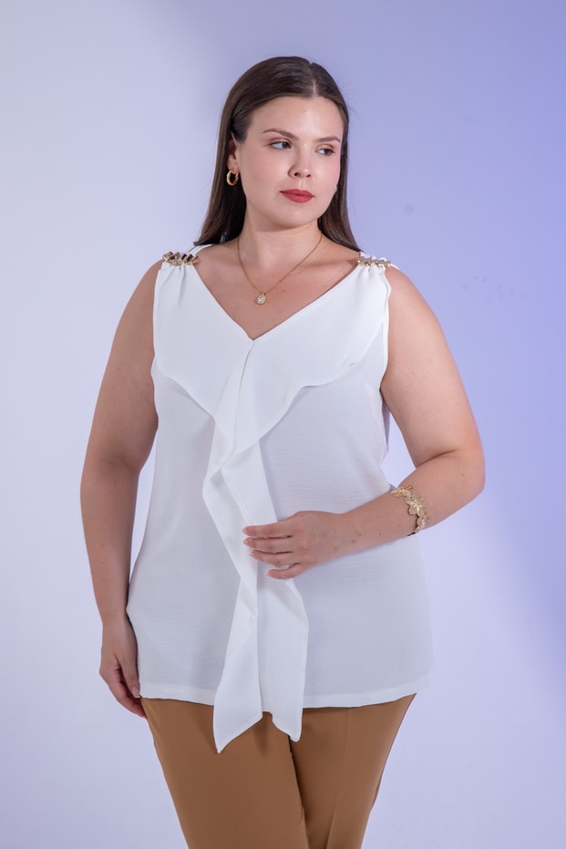 Büyük Beden 3331137 Omuzu Tokalı Bluz  Beyaz