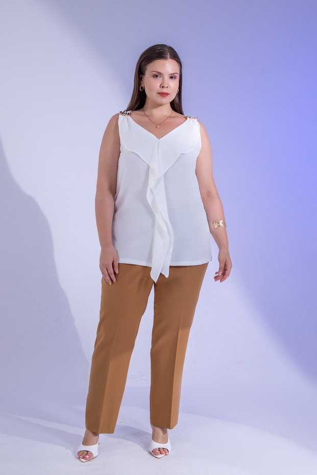 Büyük Beden 3331137 Omuzu Tokalı Bluz  Beyaz