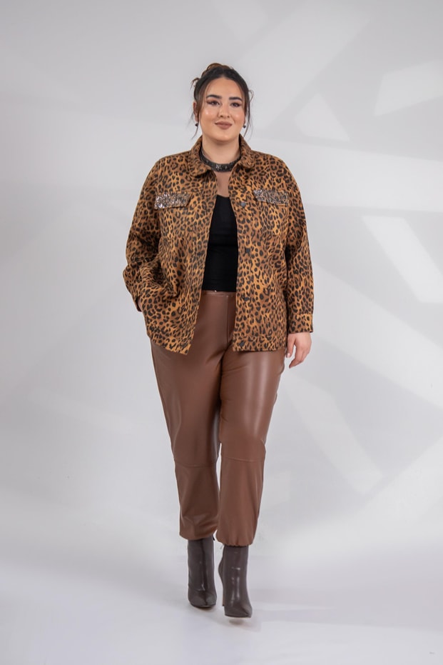 Büyük Beden 333194 Cep Taşlı Leoparlı Kaşe Mont Camel