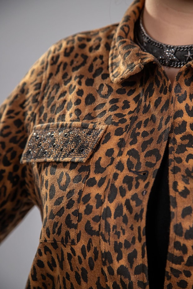 Büyük Beden 333194 Cep Taşlı Leoparlı Kaşe Mont Camel