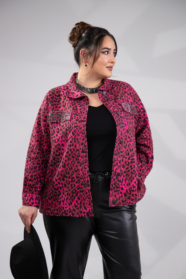 Büyük Beden 333194 Cep Taşlı Leoparlı Kaşe Mont Fuşya