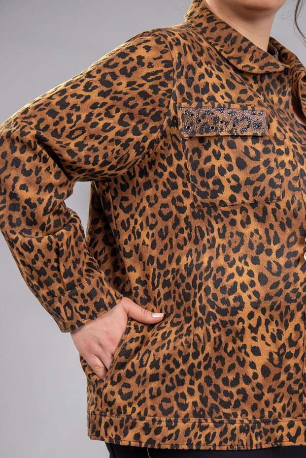 Büyük Beden 333194 Cep Taşlı Leoparlı Kaşe Mont Camel