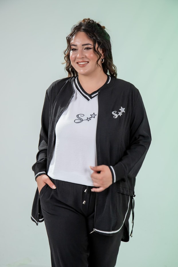 Büyük Beden 76149 Yıldız Nakışlı 3Lü  Takım Siyah