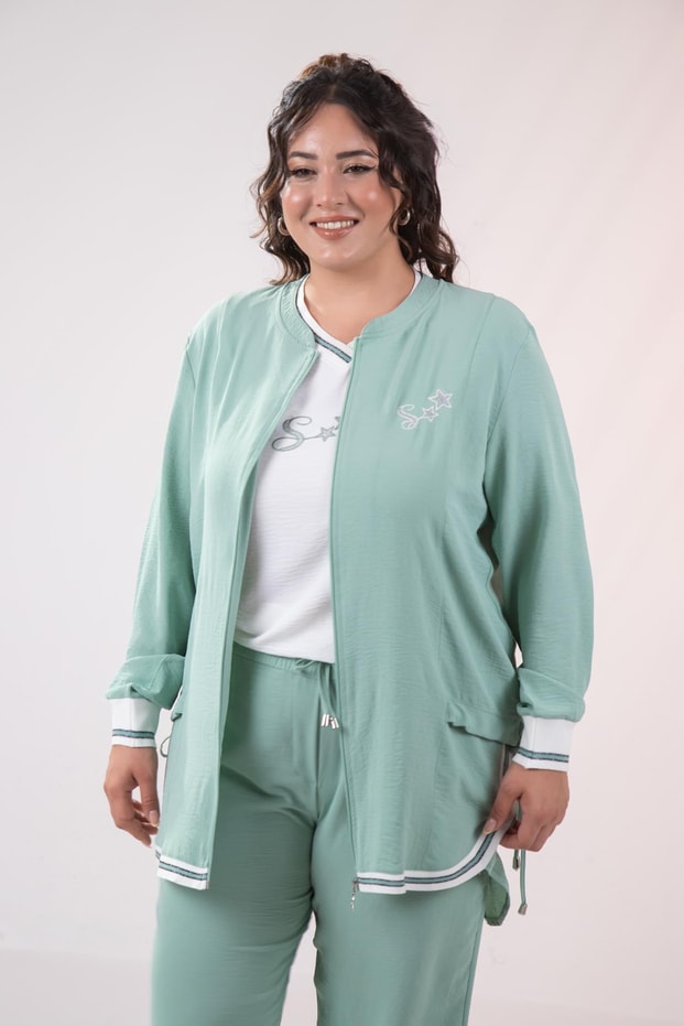 Büyük Beden 76149 Yıldız Nakışlı 3Lü  Takım Yeşil