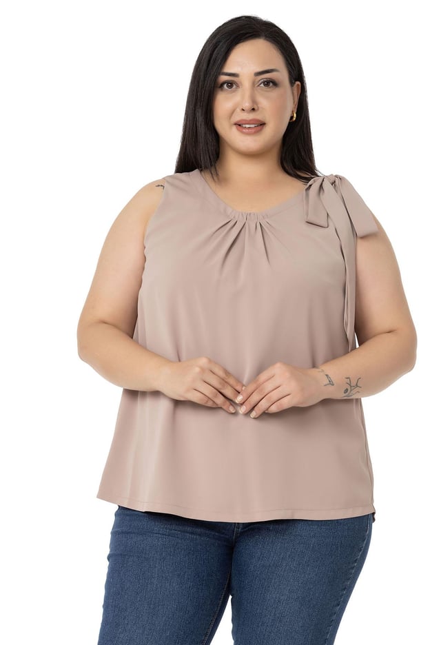 Plus Size Pleated Collar Shoulder Ribbon Detail Lined Sleeveless Mink Blouse