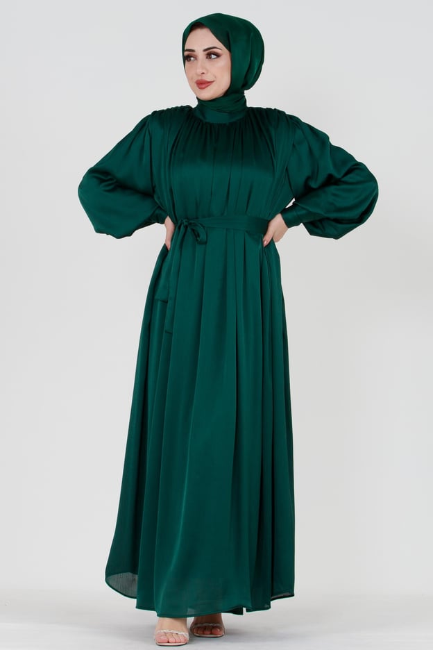 Emerald Green Modest Evening Gown with Detailed Cape and Pearl Sleeves.