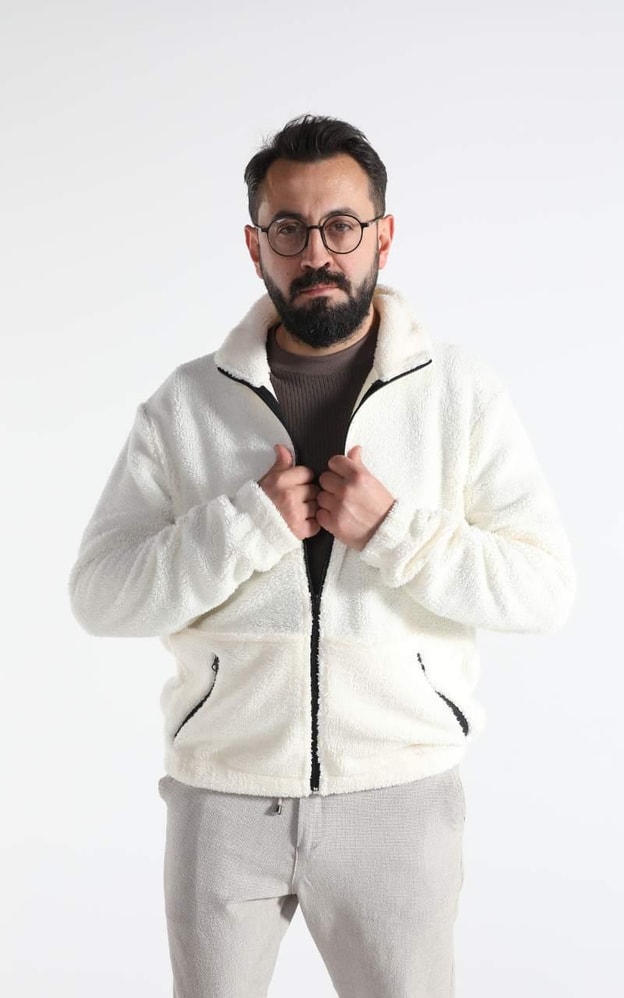 Ekru Peluş Fermuarlı Sweatshirt