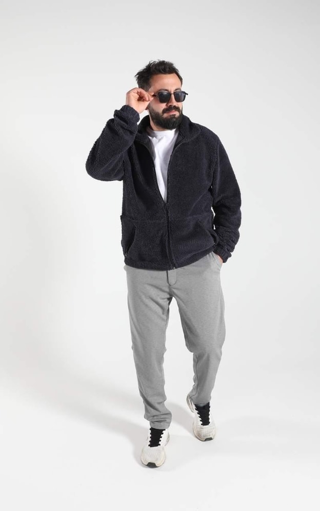 Lacivert Peluş Fermuarlı Sweatshirt