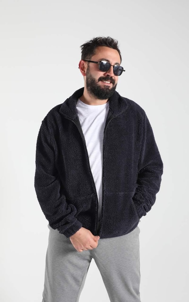 Lacivert Peluş Fermuarlı Sweatshirt