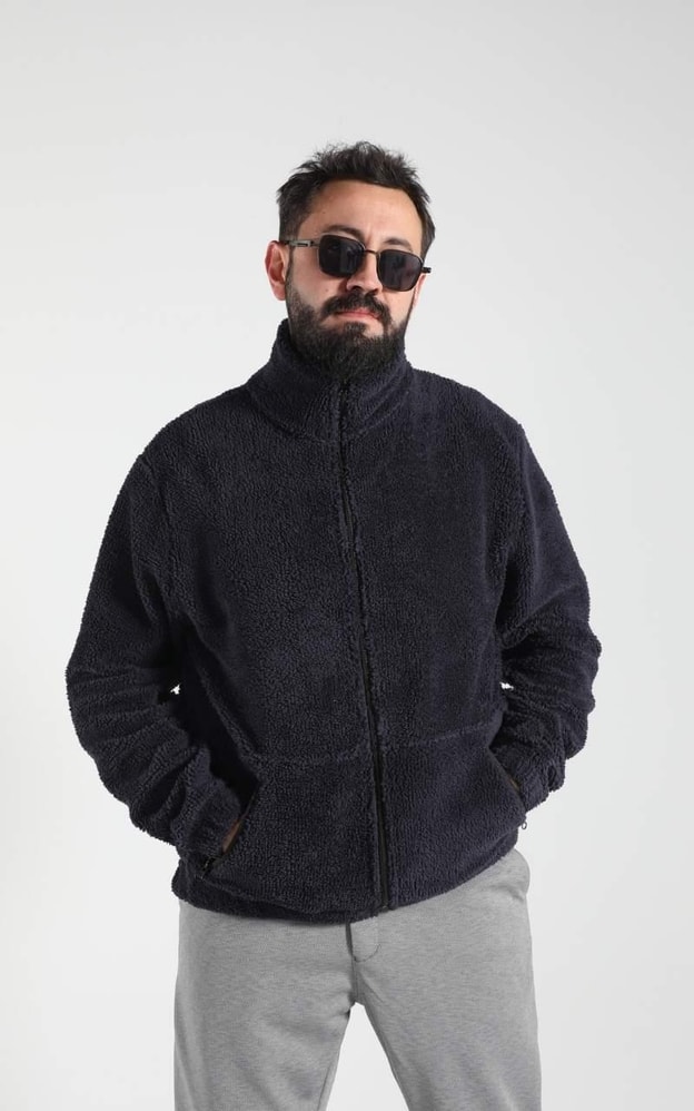 Lacivert Peluş Fermuarlı Sweatshirt
