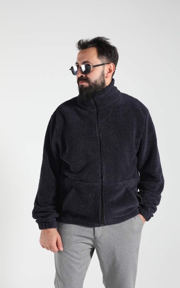 Lacivert Peluş Fermuarlı Sweatshirt