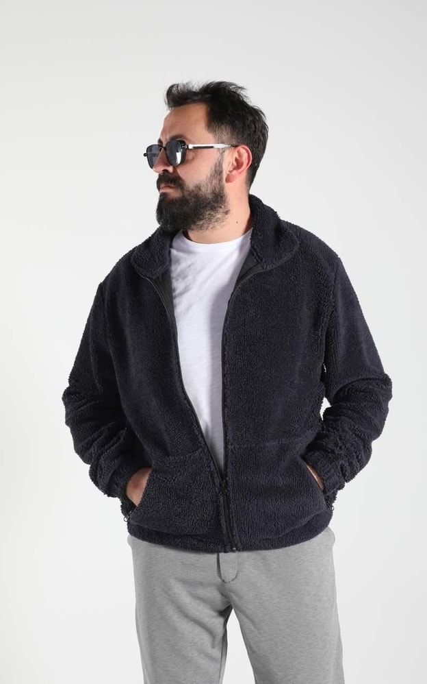 Lacivert Peluş Fermuarlı Sweatshirt