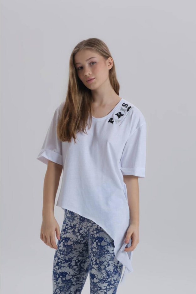 Antrasit Kadın Paris Baskı Detay Asimetrik Kesim T-shirt