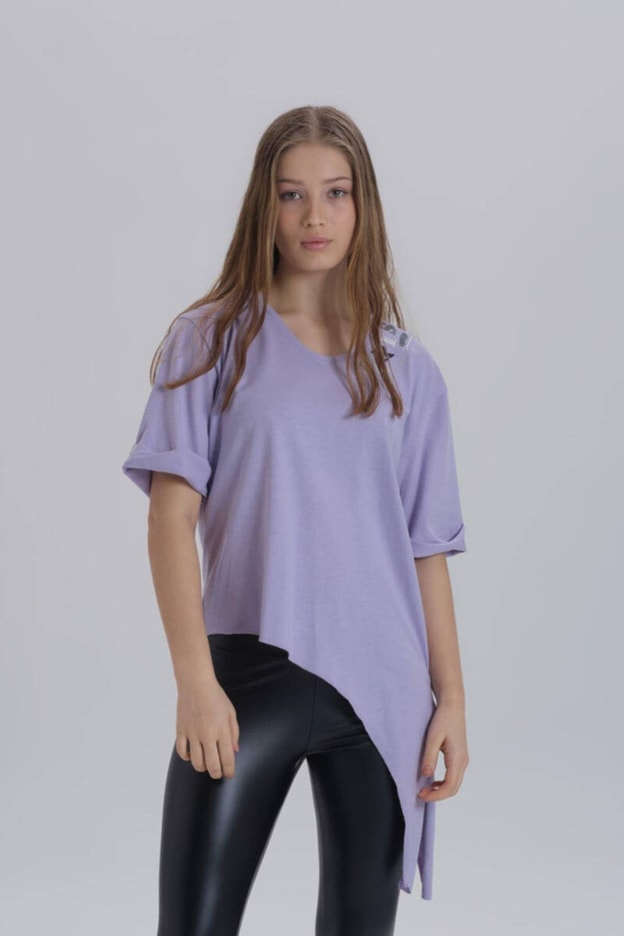 Antrasit Kadın Paris Baskı Detay Asimetrik Kesim T-shirt