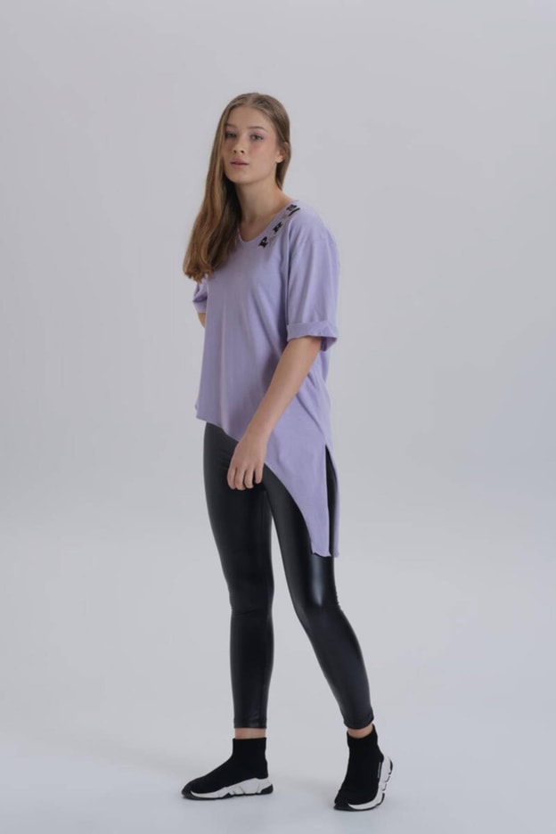 Antrasit Kadın Paris Baskı Detay Asimetrik Kesim T-shirt