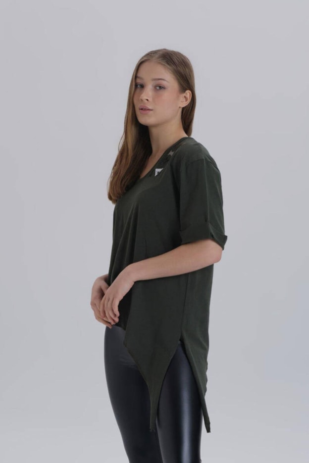 Antrasit Kadın Paris Baskı Detay Asimetrik Kesim T-shirt