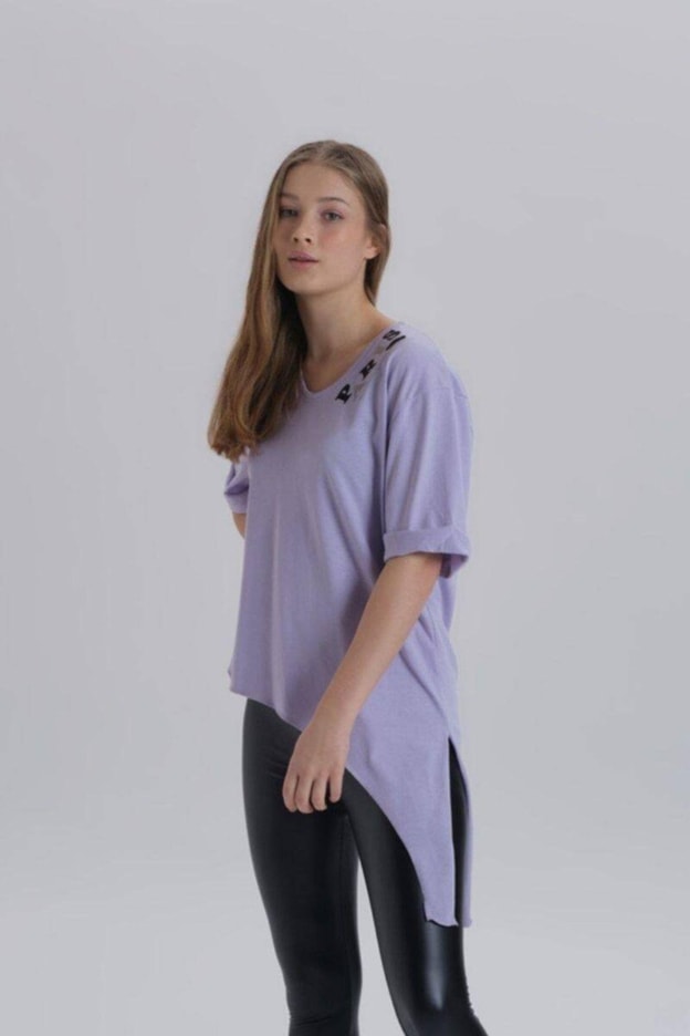 Antrasit Kadın Paris Baskı Detay Asimetrik Kesim T-shirt