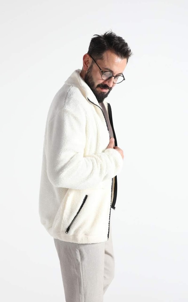 Ekru Peluş Fermuarlı Sweatshirt