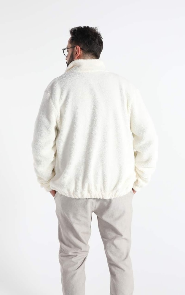 Ekru Peluş Fermuarlı Sweatshirt